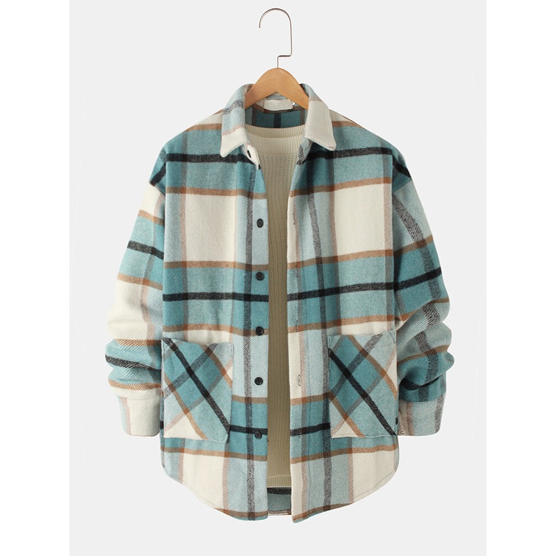 Mens Woolen Plaid Double Pockets Lapel Relaxed Fit Loose Jackets