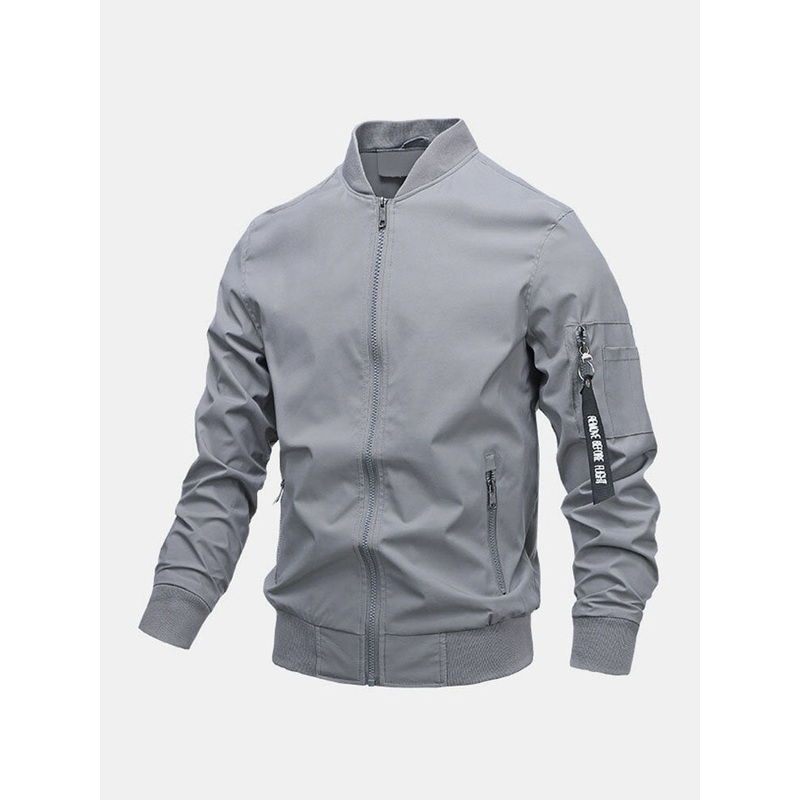 Mens Zipper Front Multi Pocket Baseball Collar Long Sleeve Simple Jacket