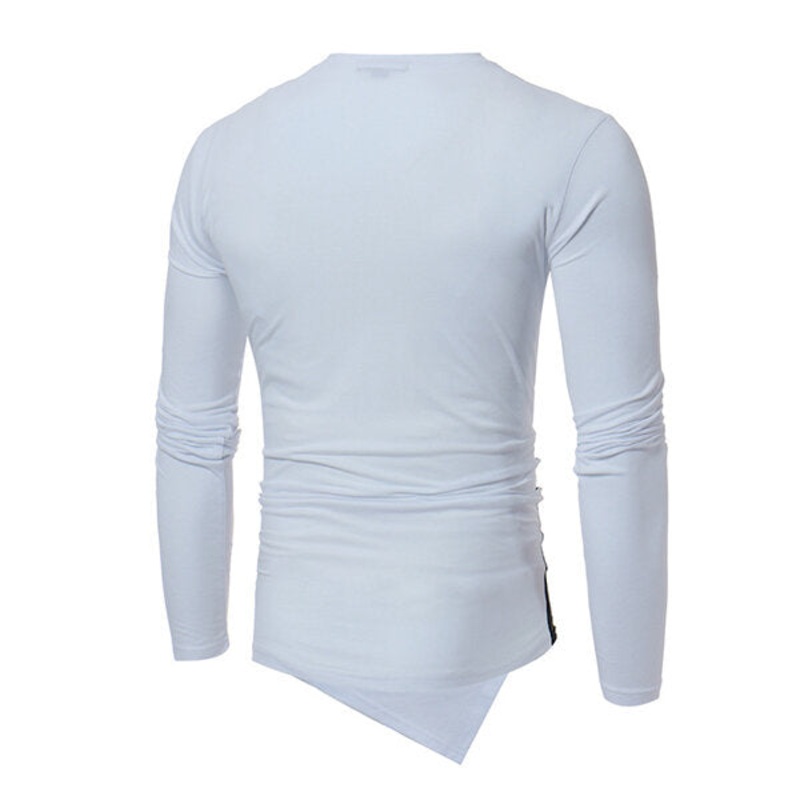Autumn Concise Bumped Irregular Hem T-shirt Men’s Casual Stiching Color Buttons Long Sleeve Tops