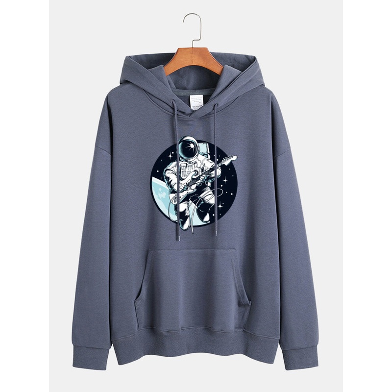 Men Cartoon Astronaut Print Kangaroo Pocket Long Sleeve Casual Hoodies