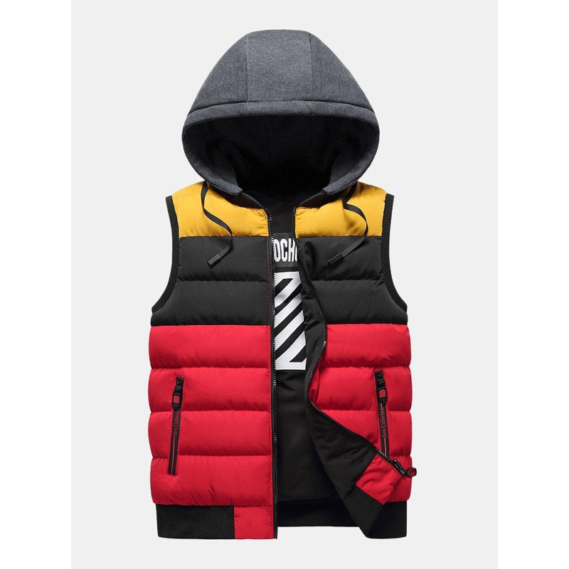 Men Double Side Hood Detachable Contrast Drawstring Zipper Vests