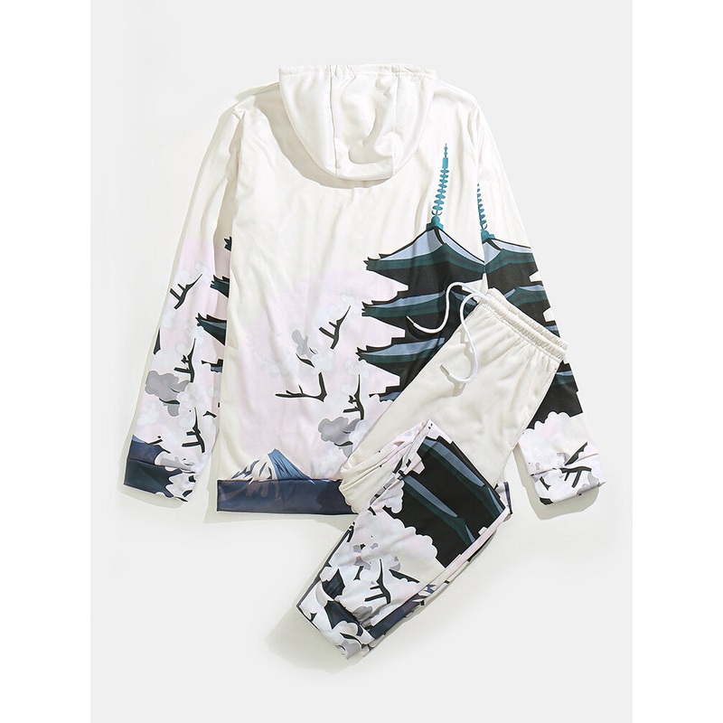 Men Element Landscape Printing Hoodie Trouser Outfit Casual Suits
