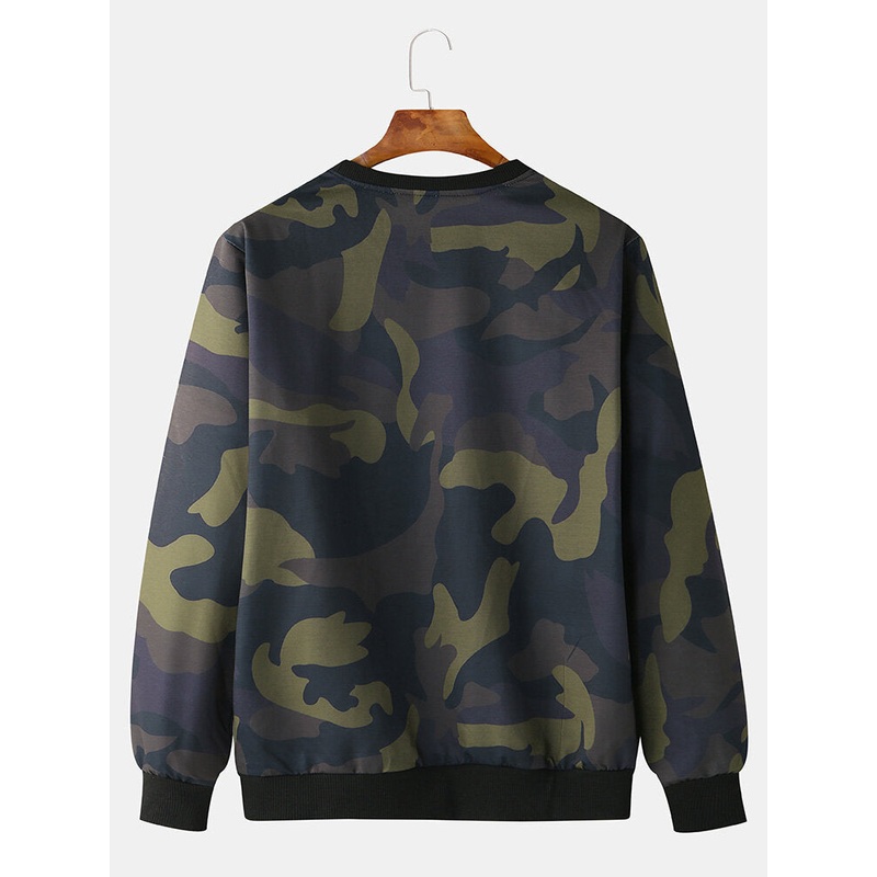 Men Fashion Casual Camouflage Elastic Hem Crew Neck Sweatshirt