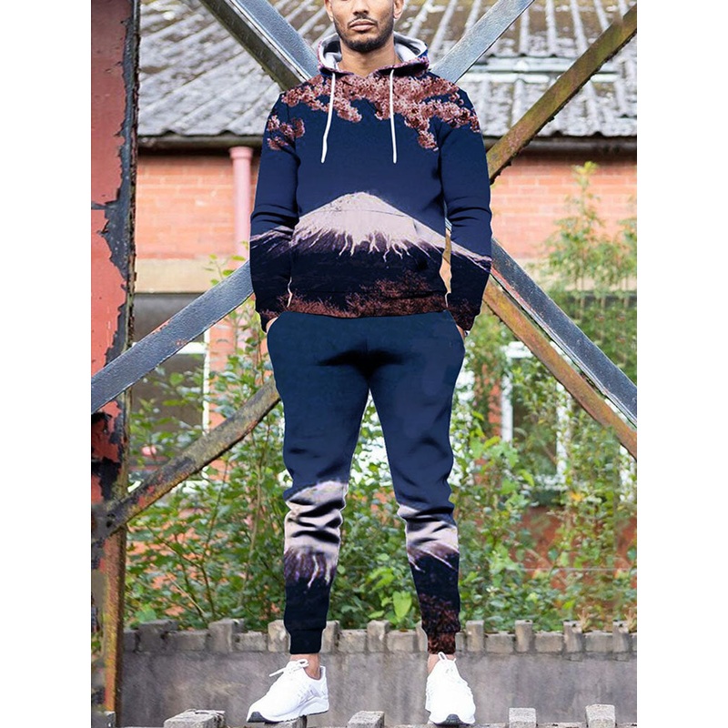 Men Landscape Japanese Style Element Printing Mountain Two Pieces Casual Suits