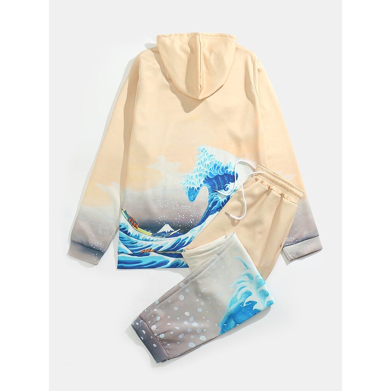 Men Landscape Sea Contrast Color Casual Hoodies and Pants Outfit Suits