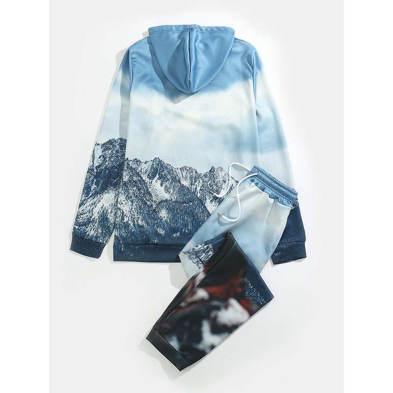 Men Mountain Digital Printing Landscape Two Pieces Drawstring Waist Suits