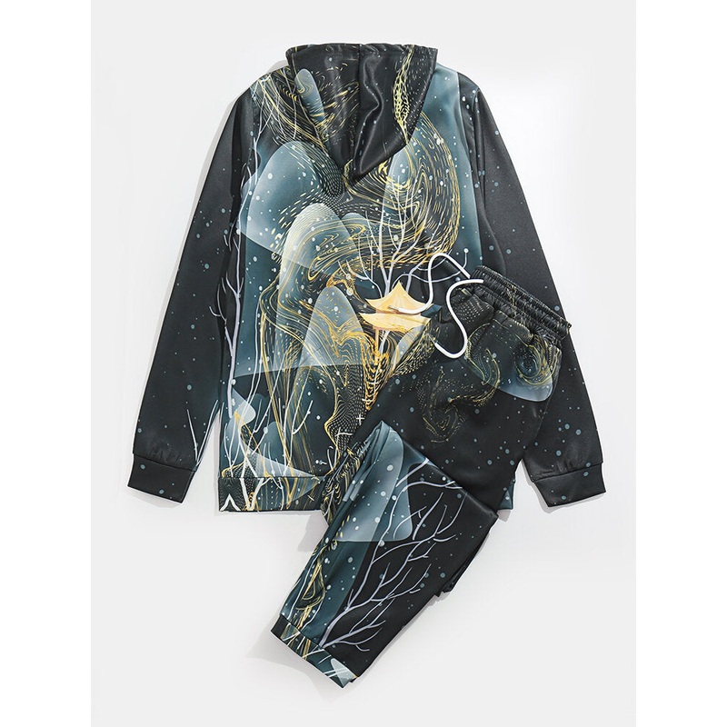 Men National Style Digital Printing Landscape Hooded Casual Suits