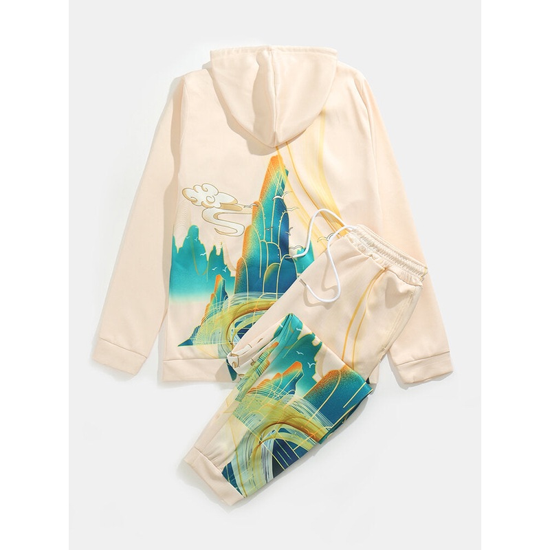 Men Poetries Printing Elastic Waist Two Pieces Casual Suits