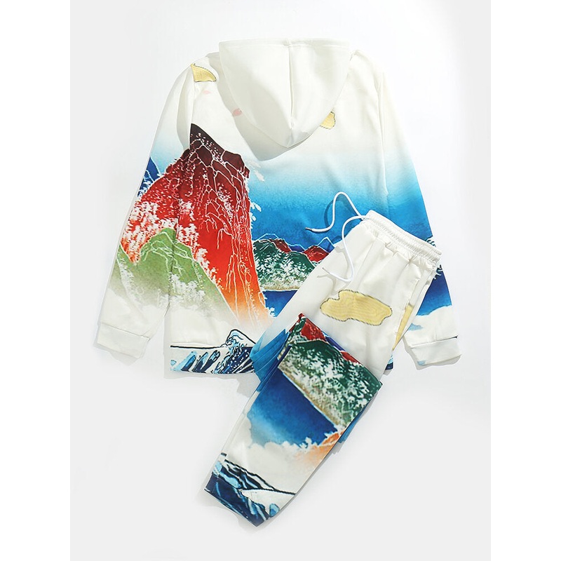 Men Printing Mountain Japanese Style Landscape Drawstring Waist Outfit Two Pieces Suits
