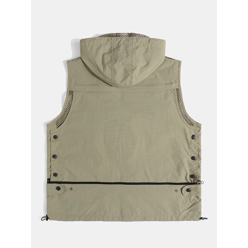 Men Solid Ajustable String Front Zipper Mesh Lined Multi Pocket Cool Waistcoats