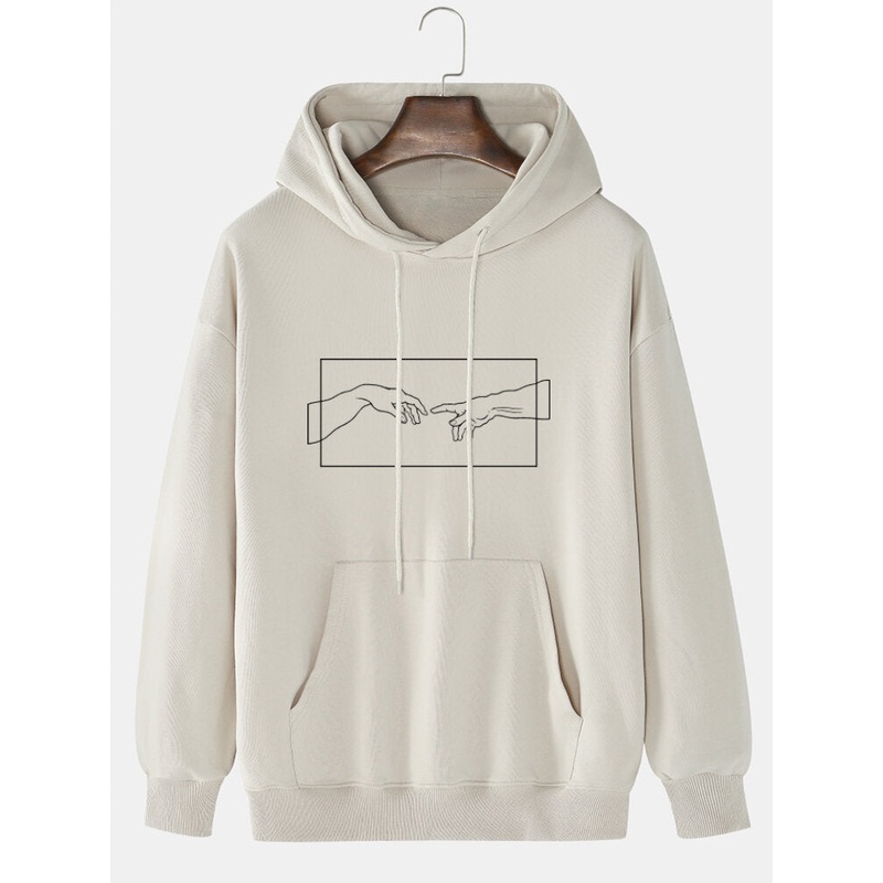 Mens 100% Cotton Helping Hand Graphic Print Drop Sleeve Drawstring Hoodies