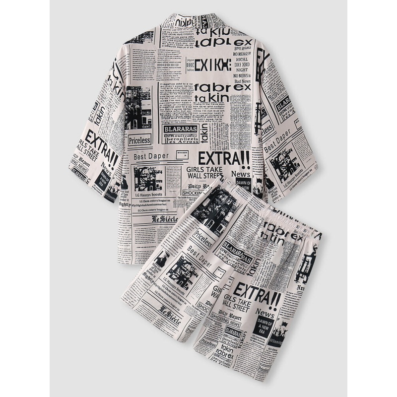 Mens All Over Newspaper Print Open Front Kimono Two Pieces Outfits