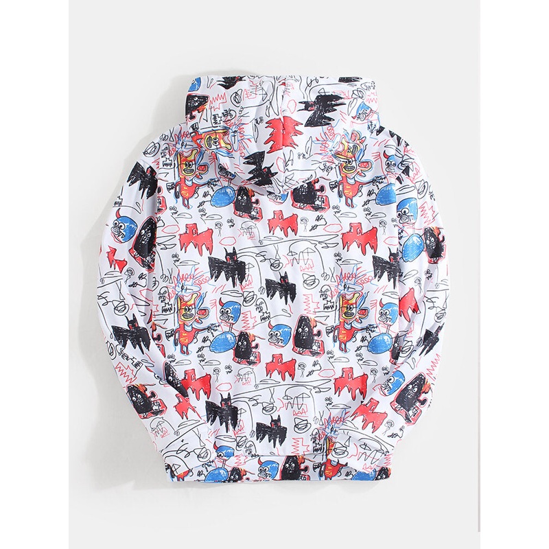 Mens Allover Graffiti Hand Painted Letter Print Pouch Pocket Drawstring Hoodies