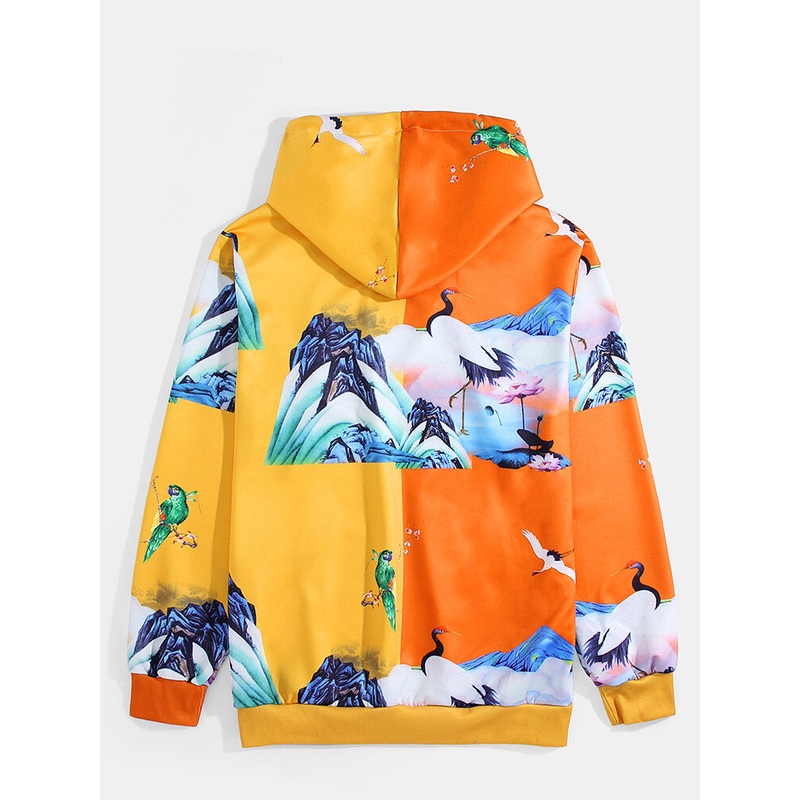 Mens Animal & Landscape Print Patchwork Drawstring Hoodies With Kangaroo Pocket