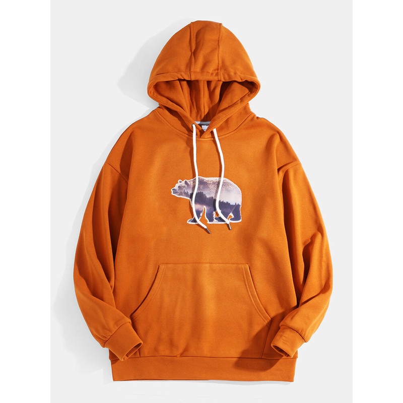 Mens Bear Graphics Drop Shoulder Kangaroo Pocket Long Sleeve Hoodies