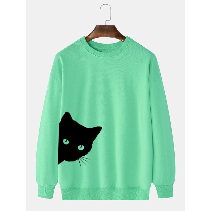 Mens Black Cat Print 100% Cotton Crew Neck Casual Pullover Sweatshirt