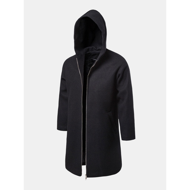 Mens Black Zipper Hooded Warm Mid-Length Trench Coats