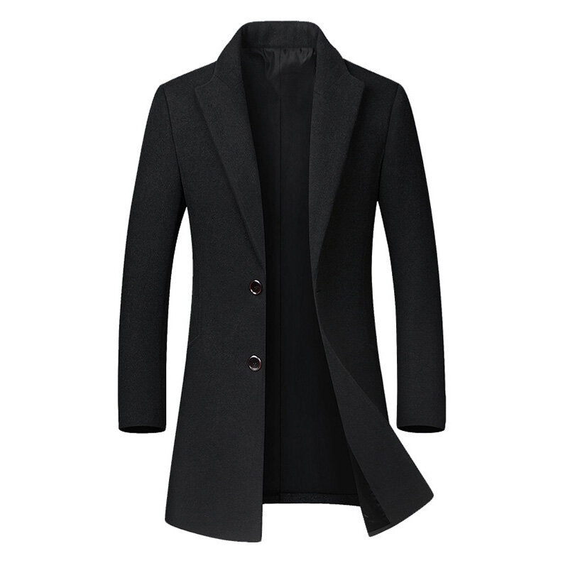 Mens Business Casual Woolen Trench Coat Mid-long Single Breasted Slim Fit Coat