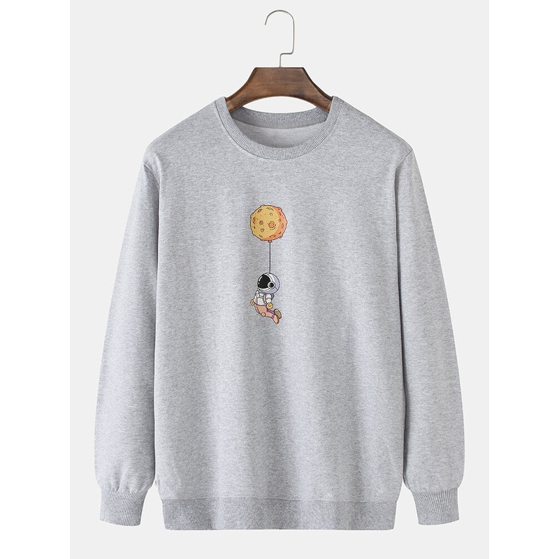 Mens Cartoon Astronaut Print Cotton Crew Neck Casual Sweatshirts