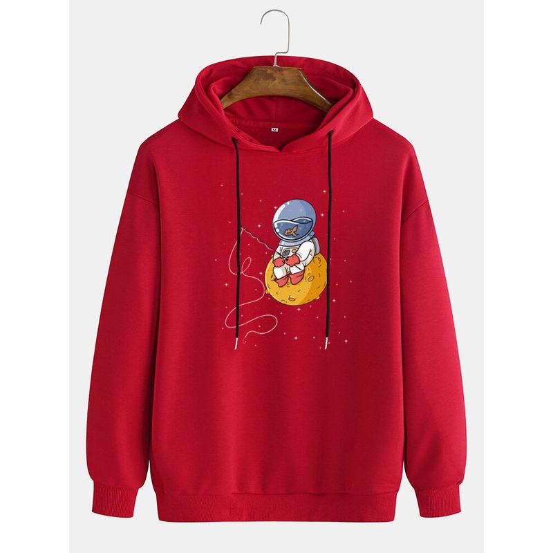 Mens Cartoon Astronaut Print Long Sleeve Cotton Cute Hoodies