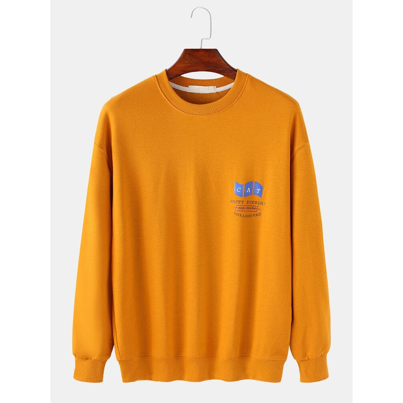 Mens Cartoon Cat & Fish Letter Back Print Cotton Relaxed Fit Crew Neck Sweatshirts
