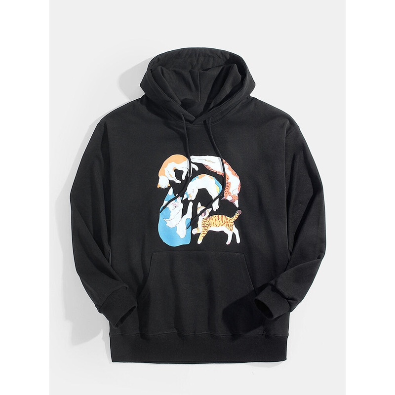 Mens Cartoon Cat Print Long Sleeve Kangaroo Pocket Cute Drawstring Hoodies