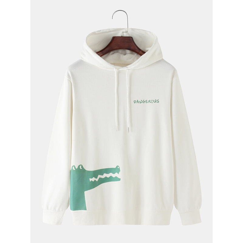 Mens Cartoon Crocodile Printed Cotton Relaxed Fit Drawstring Hoodies