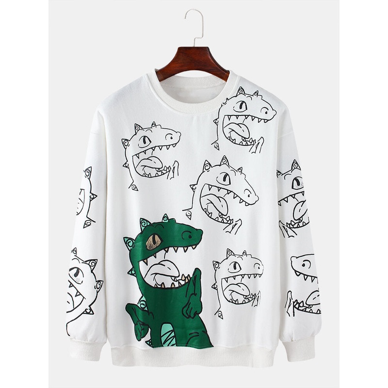 Mens Cartoon Dinosaur Print Pullover Long Sleeve Cute Cotton Sweatshirts