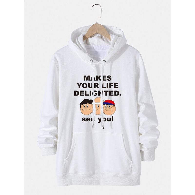 Mens Cartoon Figure Slogan Print Cotton Drawstring Hoodies With Kangaroo Pocket