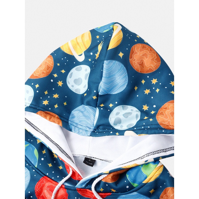 Mens Cartoon Galaxy Planet Print Kangaroo Pocket Long Sleeve Casual Hoodies