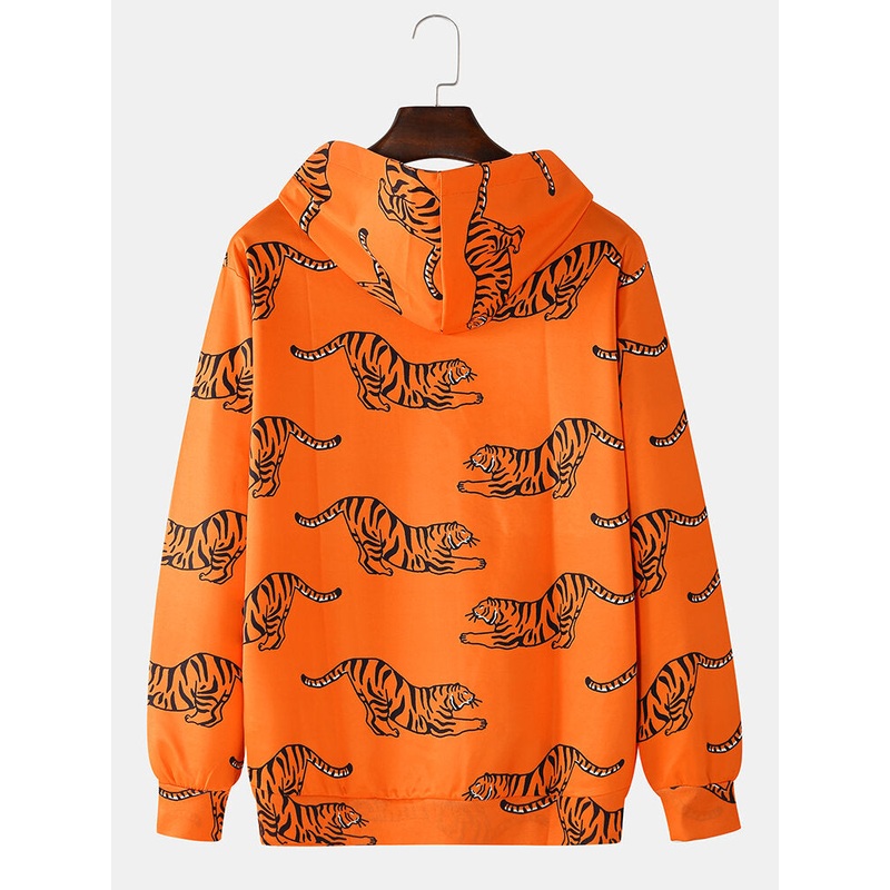 Mens Cartoon Tiger Print  Long Sleeve Pocket Orange Drawstring Hoodies