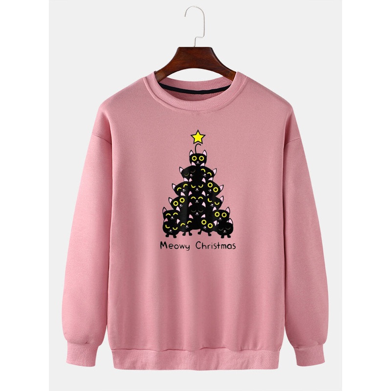 Mens Cat Christmas Tree Print Crew Neck Pullover Drop Shoulder Sweatshirts