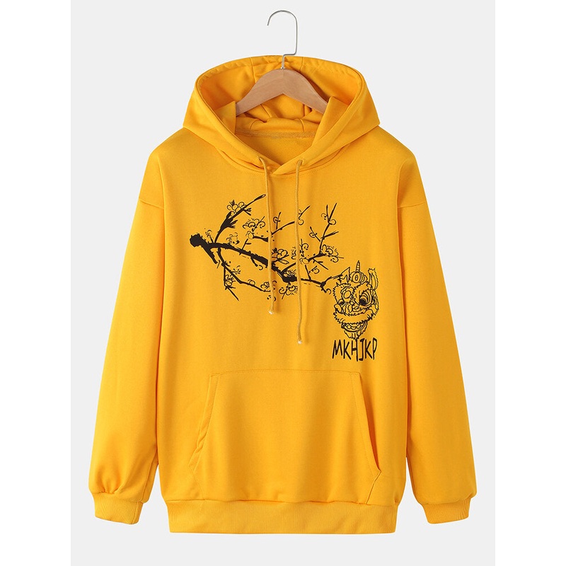 Mens Chinese Style Cartoon Dragon Print Casual Loose Pullover Hoodie