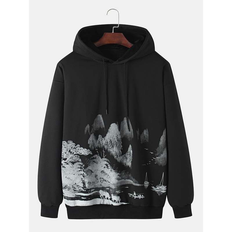 Mens Chinese Style Ink Landscape Painting Print Drop Shoulder Long Sleeve Hoodies