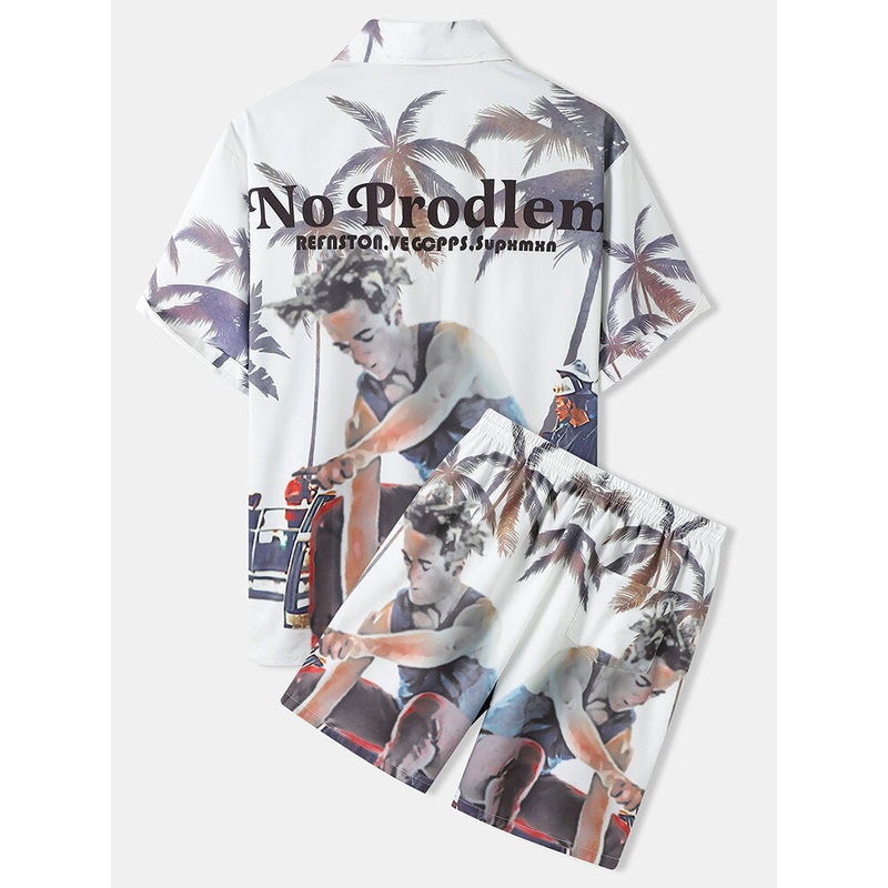 Mens Coconut Tree Figure Print Button Up Holiday Two Pieces Outfits