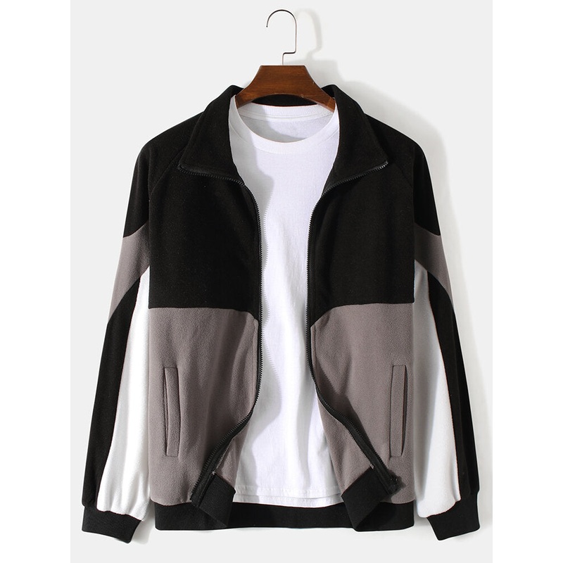 Mens Colorblock Patchwork Zip Front Lapel Casual Raglan Sleeve Cardigans