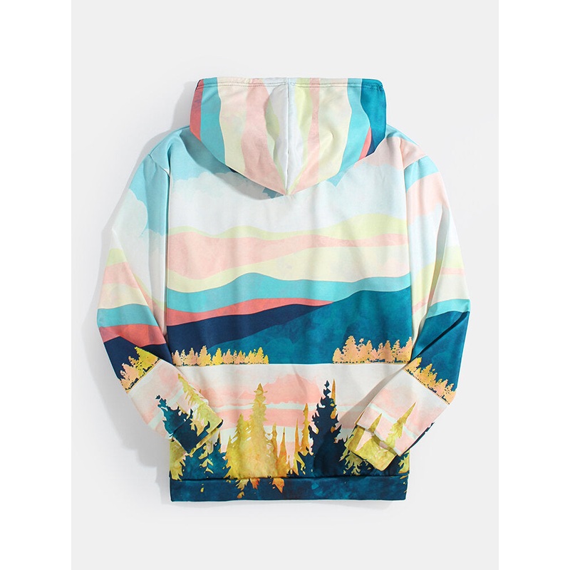 Mens Colorful Landscape Print Long Sleeve Hoodies With Pouch Pocket