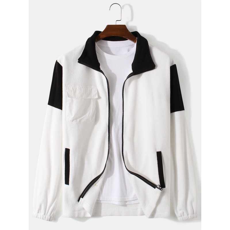 Mens Contrast Patchwork Jacket Zip Front Lapel Relaxed Fit Hoodies