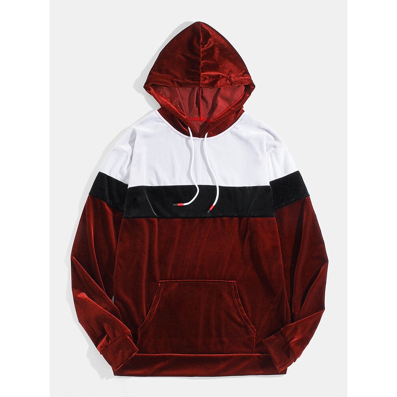 Mens Contrasting Patchwork Velour Cozy Pouch Pocket Drawstring Hoodies