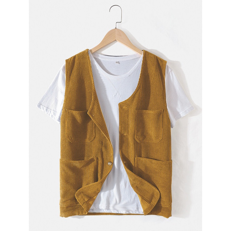 Mens Corduroy Multi Pocket Button Up Sleeve Vest