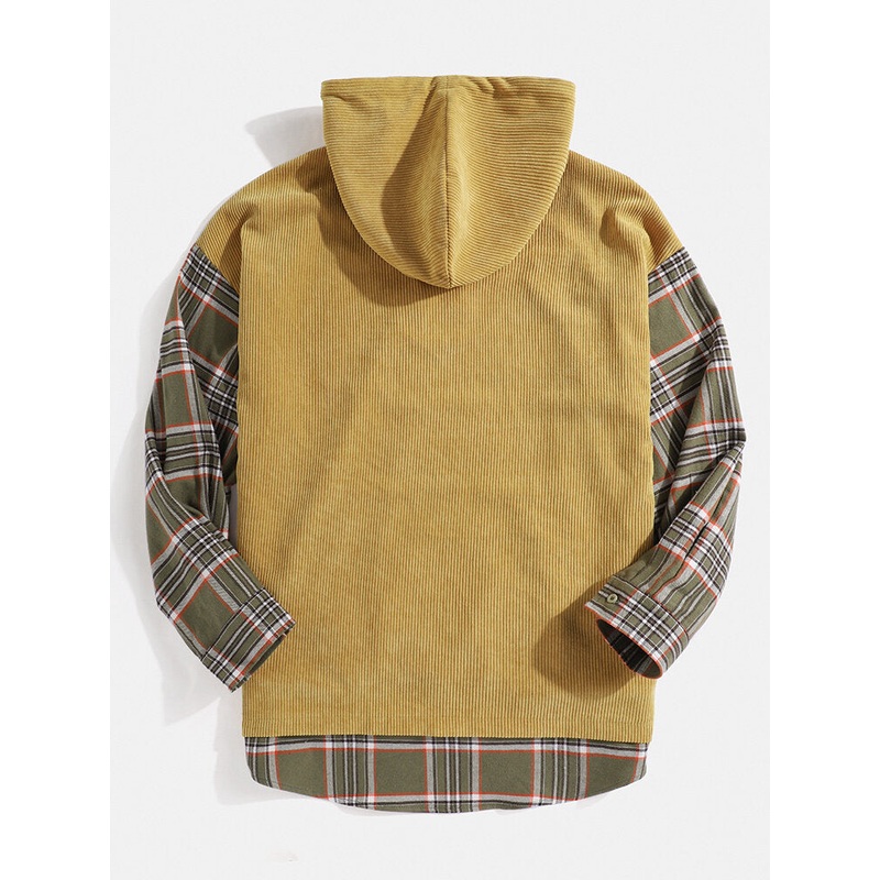 Mens Corduroy Patchwork Plaid Kangaroo Pocket High-lowHem Hoodies