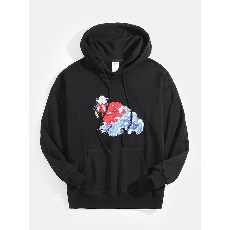 Mens Cotton Carp Waves Graphics Design Drawstring Hoodies With Kangaroo Pocket
