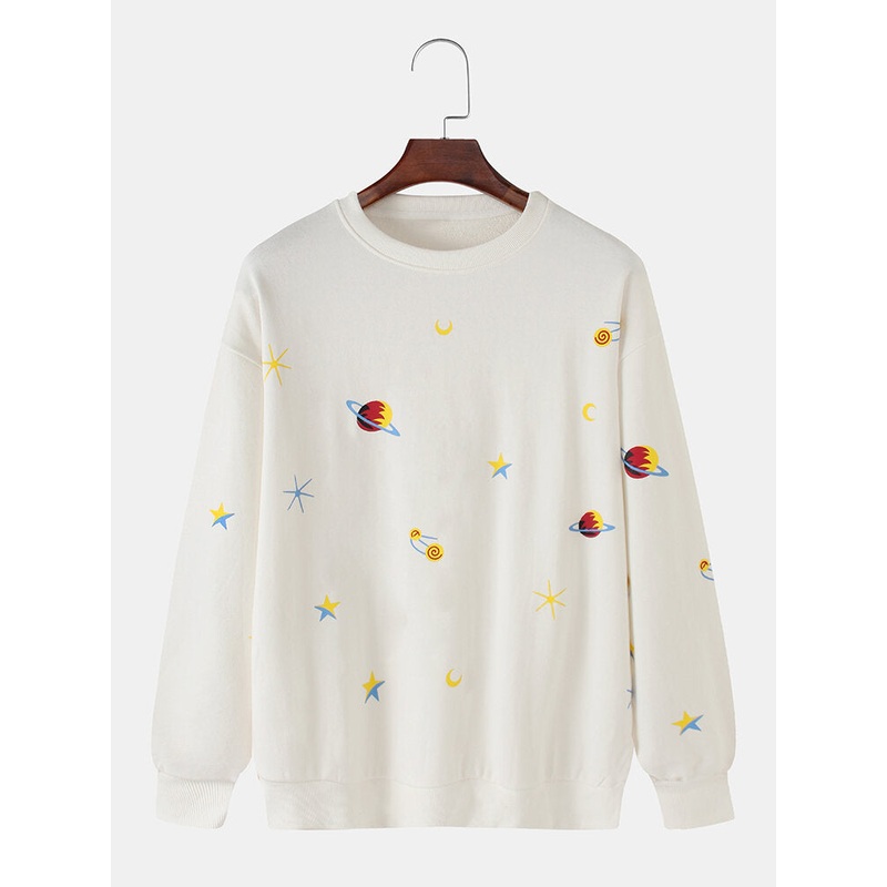 Mens Cotton Cartoon Star & Planet Print Pullover Long Sleeve Simple Sweatshirts
