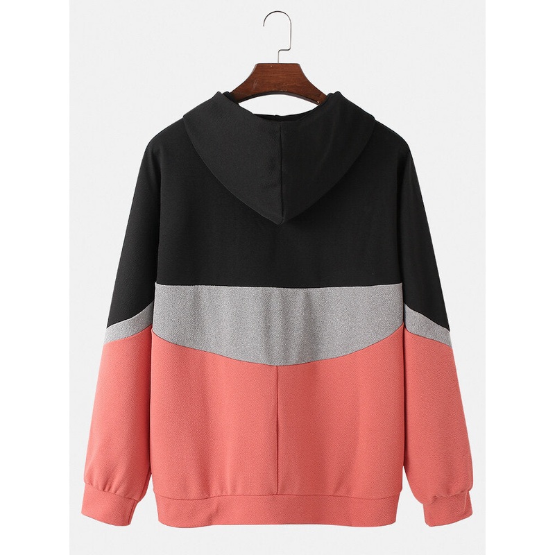 Mens Cotton Color Block Half Zipper Long Sleeve Hoodies