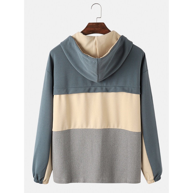Mens Cotton Colorblock Patchwork Front Zipper Loose Fit Casual Drawstring Hoodies