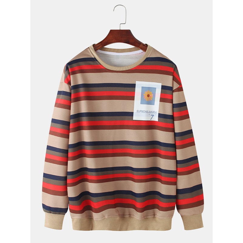 Mens Cotton Colorful Horizontal Stripes Graphic Chest Print Cotton Fit Pullover Sweatshirts