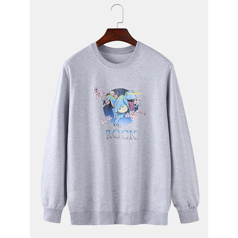 Mens Cotton Dinosaur Letter Graphic Chest Print Crew Neck Pullover Sweatshirts
