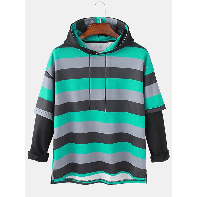 Mens Cotton Horizontal Stripes Patchwork Doctor Sleeves Split Hem Drawstring Hoodies