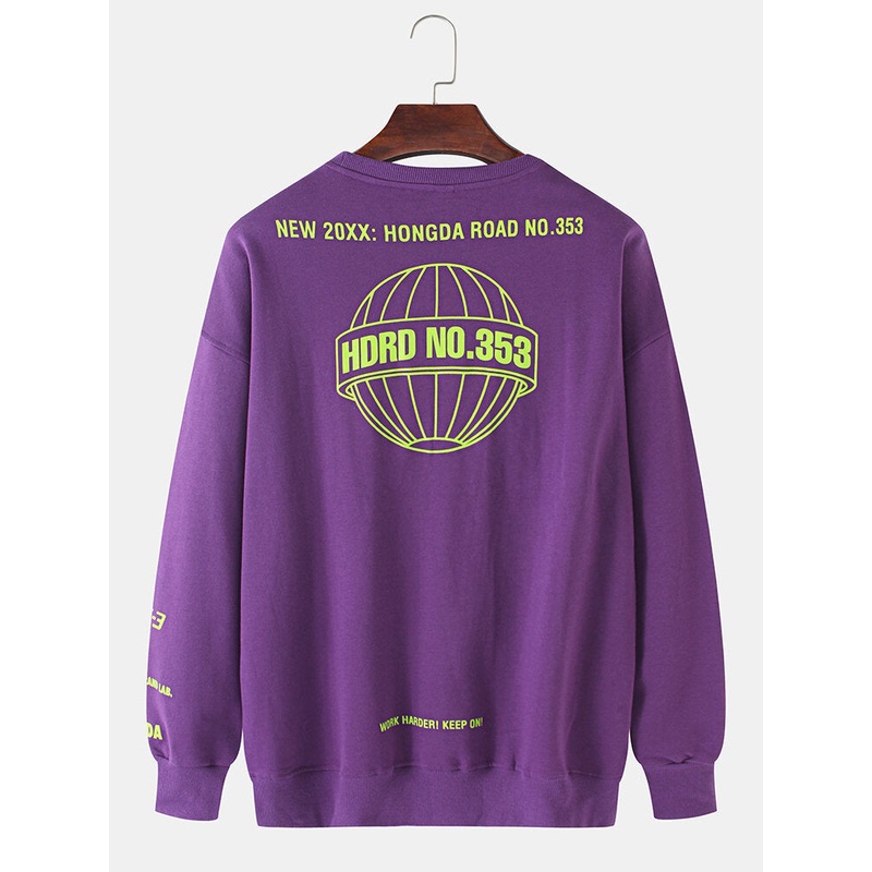 Mens Cotton Letter Number Print Loose Crew Neck Pullover Sweatshirts