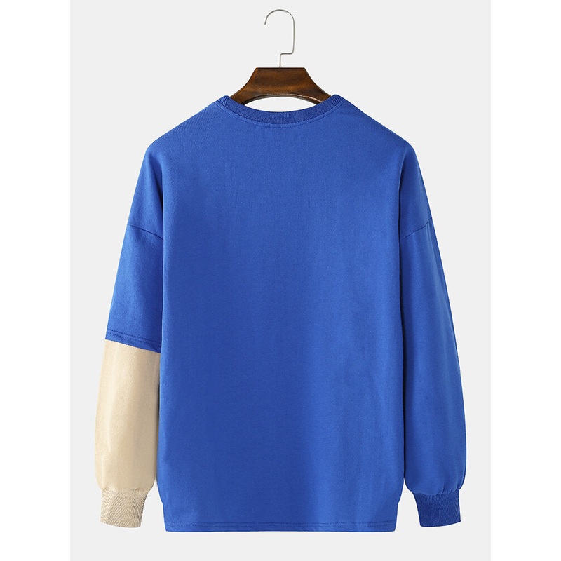 Mens Cotton Letter Text Print Crew Neck Relaxed Fit Irregular Patchwork Hem Sweatshirts